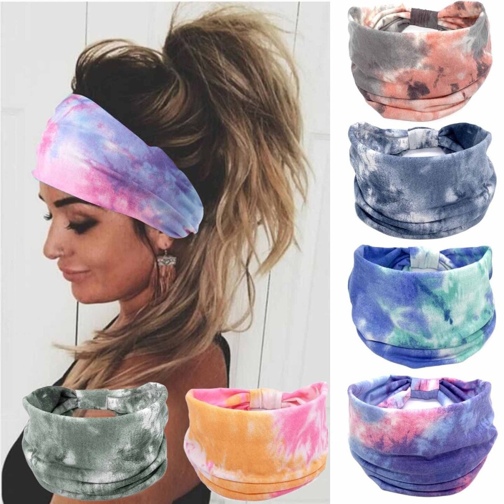 Olbye Wide Headbands Knotted Headband Tie Dye Non Slip Elastic Hairbands Turban Workout Head Wraps Yoga Sports Sweatbands Boho Fashion Hair Accessories for Women 6Pcs (Boho)