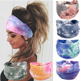 Olbye Wide Headbands Knotted Headband Tie Dye Non Slip Elastic Hairbands Turban Workout Head Wraps Yoga Sports Sweatbands Boho Fashion Hair Accessories for Women 6Pcs (Boho)
