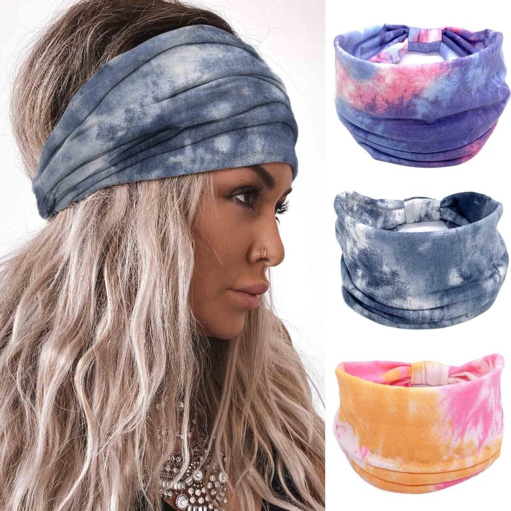 Olbye Wide Headbands 3Pcs, Tie Dye Elastic Head Bands, Turban Headwraps, Nonslip Workout Hair Bands, Boho Hair Accessories for Women Olbye Wide Headbands 3Pcs, Tie Dye Elastic Head Bands, Turban Headwraps, Nonslip Workout Hair Bands, Boho Hair Accessories for Women