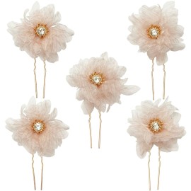BETITETO Bridal Flower Hair Pins 5 Pieces U-Shaped Rhinestone Floral Hair Buns Comb Accessories for Wedding Party Banquet (Pink)