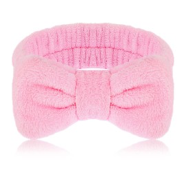 Molain Bowknot Hairband for Women, Coral Fleece Elastic Headband for Washing Face Shower Sports Beauty Skincare (Pink, 1 Count)