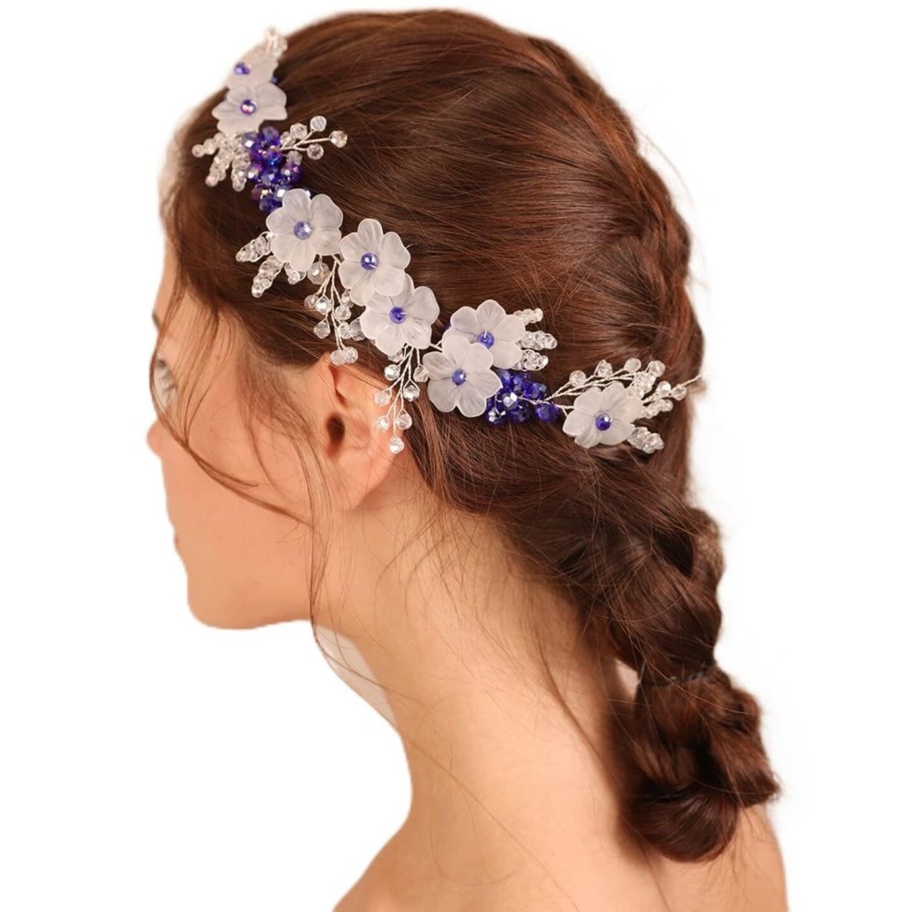 Xerling Blue Crystal Hair Vine for Brides Flower Headband for Girls Wedding Hair Accessory Bridal Floral Hair Piece (Blue)