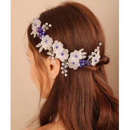 Xerling Blue Crystal Hair Vine for Brides Flower Headband for Girls Wedding Hair Accessory Bridal Floral Hair Piece (Blue)
