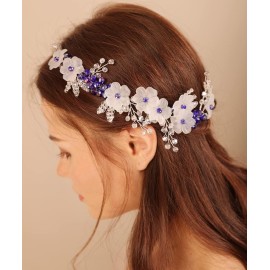 Xerling Blue Crystal Hair Vine for Brides Flower Headband for Girls Wedding Hair Accessory Bridal Floral Hair Piece (Blue)