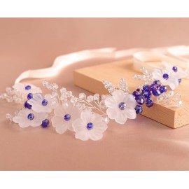 Xerling Blue Crystal Hair Vine for Brides Flower Headband for Girls Wedding Hair Accessory Bridal Floral Hair Piece (Blue)