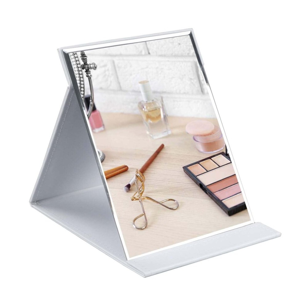 ZBEIVAN 10x7 Inches Portable Folding Makeup Mirror, Frameless PU Leather Desk Mirror with Stand for Camping Travel Tabletop Personal, White