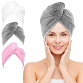 NEXCOVER Hair Towel Microfiber, 3 Pack White Grey Pink 9.8 inch X 25.5 inch Hair Wrap,Ultra Absorbent Hair Turbans,Fast Drying Head Towels for Women Wet Hair,Long,Curly,Thick,Frizzy Hair