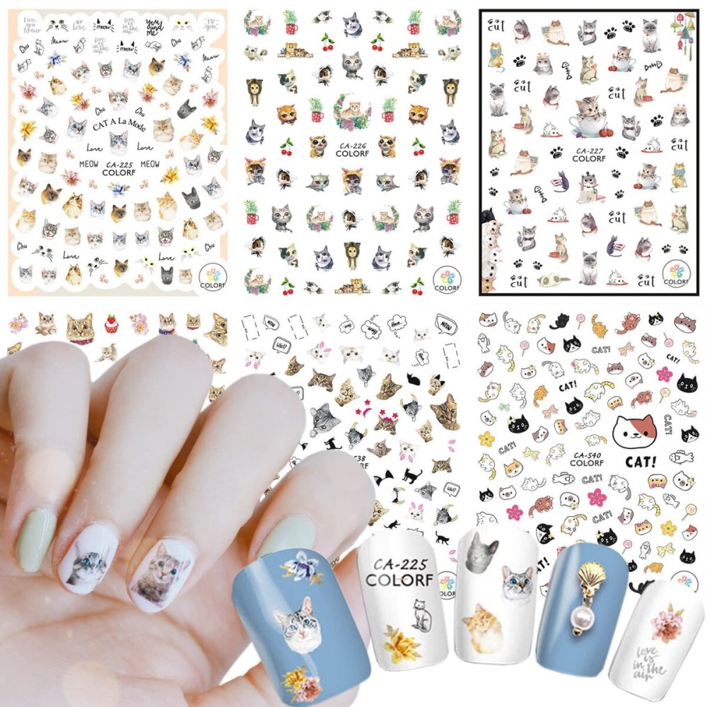Cute Cat Nail Art Stickers, 3D Little Animal Self-Adhesive Sticker Cartoon Cats Nail Art Decals Holographic Colorful Cat Nail Decal Design for Women Girls Manicure Decoration DIY Nail Sticker Supplies