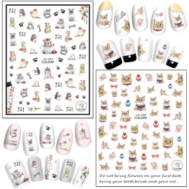 Cute Cat Nail Art Stickers, 3D Little Animal Self-Adhesive Sticker Cartoon Cats Nail Art Decals Holographic Colorful Cat Nail Decal Design for Women Girls Manicure Decoration DIY Nail Sticker Supplies