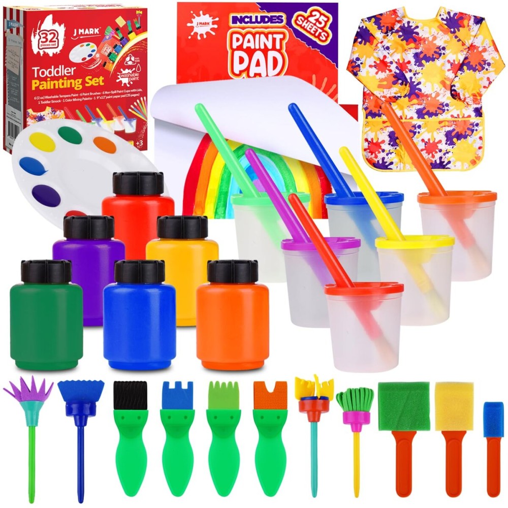 J MARK All-Inclusive 32-Piece Toddler Painting Set - Spill-Resistant Paint Cups, Variety of Tools, Washable Tempera Paint, Palette