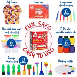 J MARK All-Inclusive 32-Piece Toddler Painting Set - Spill-Resistant Paint Cups, Variety of Tools, Washable Tempera Paint, Palette