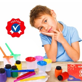 J MARK All-Inclusive 32-Piece Toddler Painting Set - Spill-Resistant Paint Cups, Variety of Tools, Washable Tempera Paint, Palette