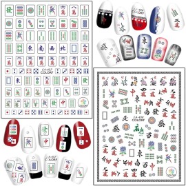 Mahjong Nail Stickers, 3D Self-Adhesive Holographic Chinese Playing Cards Game Art Decals for Women Girls Manicure Decoration, Acrylic Lucky Tips