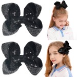 AMYDECOR 6 Inch Black Sparkly Glitter Sequin Hair Bows for Girls Toddlers Kids Children Teenage (2PCS)