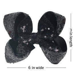 AMYDECOR 6 Inch Black Sparkly Glitter Sequin Hair Bows for Girls Toddlers Kids Children Teenage (2PCS)