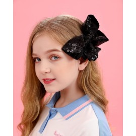 AMYDECOR 6 Inch Black Sparkly Glitter Sequin Hair Bows for Girls Toddlers Kids Children Teenage (2PCS)