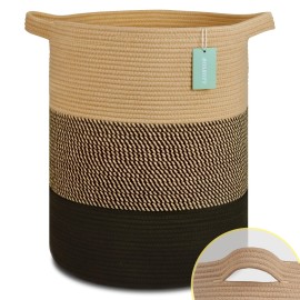 BOSROTY Large Blanket Basket, Nursery Hamper, Tall Laundry Basket 72L, Cotton Rope Woven Laundry Hamper for Storage Toys Clothes Towels, 16x 22, Brown & Black