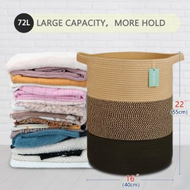 BOSROTY Large Blanket Basket, Nursery Hamper, Tall Laundry Basket 72L, Cotton Rope Woven Laundry Hamper for Storage Toys Clothes Towels, 16x 22, Brown & Black