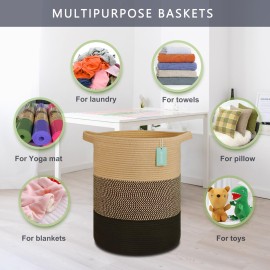 BOSROTY Large Blanket Basket, Nursery Hamper, Tall Laundry Basket 72L, Cotton Rope Woven Laundry Hamper for Storage Toys Clothes Towels, 16x 22, Brown & Black