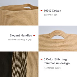 BOSROTY Large Blanket Basket, Nursery Hamper, Tall Laundry Basket 72L, Cotton Rope Woven Laundry Hamper for Storage Toys Clothes Towels, 16x 22, Brown & Black