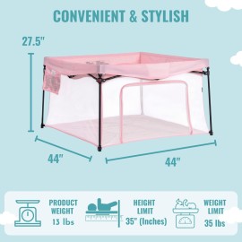 Dream On Me Ziggy Square Baby Playpen in Pink, Easy Set Up and Lightweight, Breathable Mesh Walls, Playpen for Babies and Toddlers