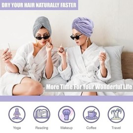 Poyday Microfiber Hair Towel Drying Wrap: 2Pack Head Dry Towel Twist Drying Turban Anti Frizz Long Quick Rapid Absorbent Women Wet Plopping Curly Hair Turban Twisty for Girls Kids Button(Gray/Purple)