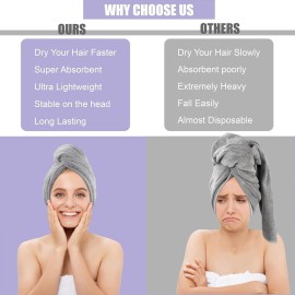 Poyday Microfiber Hair Towel Drying Wrap: 2Pack Head Dry Towel Twist Drying Turban Anti Frizz Long Quick Rapid Absorbent Women Wet Plopping Curly Hair Turban Twisty for Girls Kids Button(Gray/Purple)