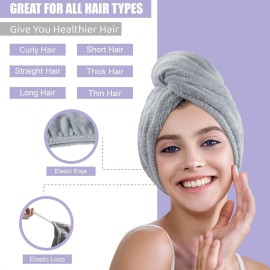 Poyday Microfiber Hair Towel Drying Wrap: 2Pack Head Dry Towel Twist Drying Turban Anti Frizz Long Quick Rapid Absorbent Women Wet Plopping Curly Hair Turban Twisty for Girls Kids Button(Gray/Purple)
