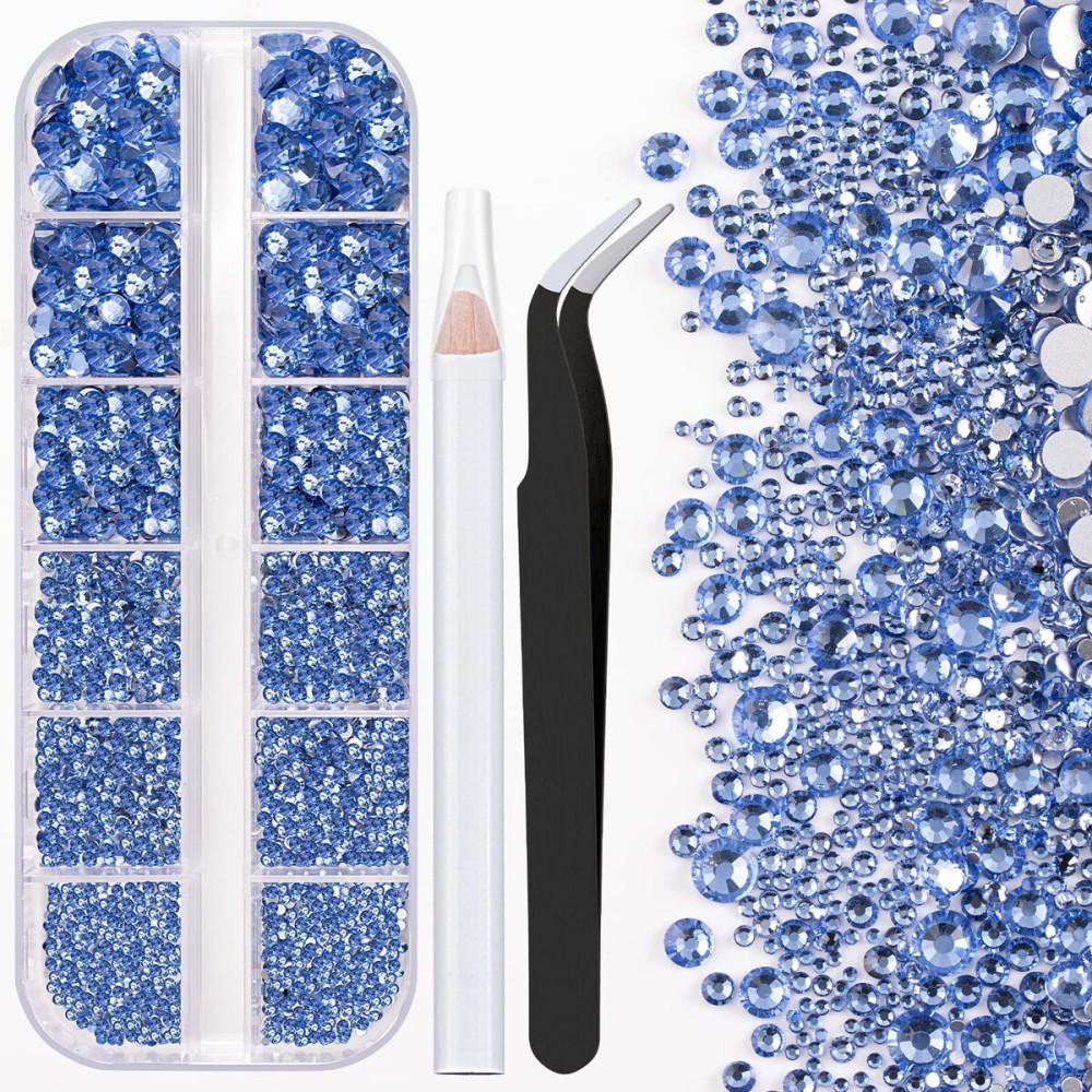 One Pack 2000 Pcs of Flatback Round Sky Blue Rhinestones 6 Sizes (1.5-6 mm) with Nail Art Rhinestone Picker Pencil And Tweezer For DIY And Salon Use One Pack 2000 Pcs of Flatback Round Sky Blue Rhinestones 6 Sizes (1.5-6 mm) with Nail Art Rhinestone Picker Pencil And Tweezer For DIY And Salon Use