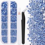 One Pack 2000 Pcs of Flatback Round Sky Blue Rhinestones 6 Sizes (1.5-6 mm) with Nail Art Rhinestone Picker Pencil And Tweezer For DIY And Salon Use