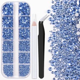 One Pack 2000 Pcs of Flatback Round Sky Blue Rhinestones 6 Sizes (1.5-6 mm) with Nail Art Rhinestone Picker Pencil And Tweezer For DIY And Salon Use