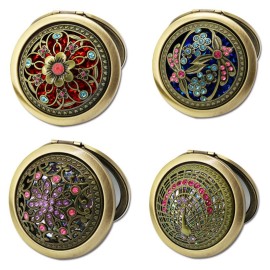 Rich Boxer 4 Pcs Vintage Foldable Mirror Metal Vanity Mirror Travel Mirror Makeup Mirror Pocket Mirror Double Sided Compact Cosmetic Mirror, Bronze, Random Style