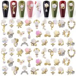 3D Flower Nail Charms Rhinestone, Kalolary White Flower Acrylic Nail Pendant Camellia Cherry Blossoms Nail Art Decorations for Spring Summer Nail Art Designs