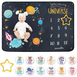 Baby Milestone Blanket - Cute Space Design Monthly Milestone Blanket for Baby Boy and Girl, Soft and Thick Flannel Material Wrapped with Milestone Stickers