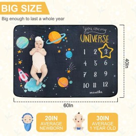 Baby Milestone Blanket - Cute Space Design Monthly Milestone Blanket for Baby Boy and Girl, Soft and Thick Flannel Material Wrapped with Milestone Stickers