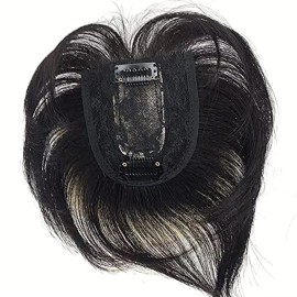 Anemone Real Human Hair Topper - Light, Thin Clip-in Bangs for Women & Men, 6 inches, Middle Part, Straight Hairpieces for Mild Hair Loss, Volum (1B)