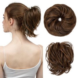 SARLA Messy Hair Bun Hair Pieces Curly Synthetic Updo Fake Scrunchies Ponytail Extension for Women Dark Brown/Golden Blonde 1PCS