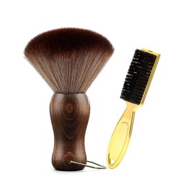 Barber Neck Duster Brush Wood Handle with Hook for Hair Cutting (Neck brush+Gold brush)