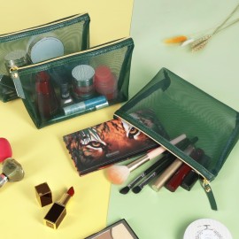 besharppin 3pcs Mesh Cosmetic Bags, Nylon Makeup Pouches with Leather Pull and Golden Zipper for Purse Diaper Bag (Emerald Green)