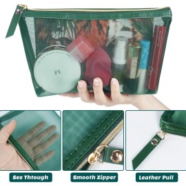 besharppin 3pcs Mesh Cosmetic Bags, Nylon Makeup Pouches with Leather Pull and Golden Zipper for Purse Diaper Bag (Emerald Green)