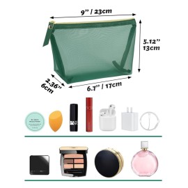 besharppin 3pcs Mesh Cosmetic Bags, Nylon Makeup Pouches with Leather Pull and Golden Zipper for Purse Diaper Bag (Emerald Green)