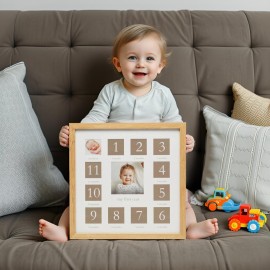 Kate & Milo My First Year Picture Frame, Baby\'s First Twelve Months Photo Collage and Gender Neutral Keepsake, Ideal for Baby Shower, New Mom Gift and Nursery Decor, Wood