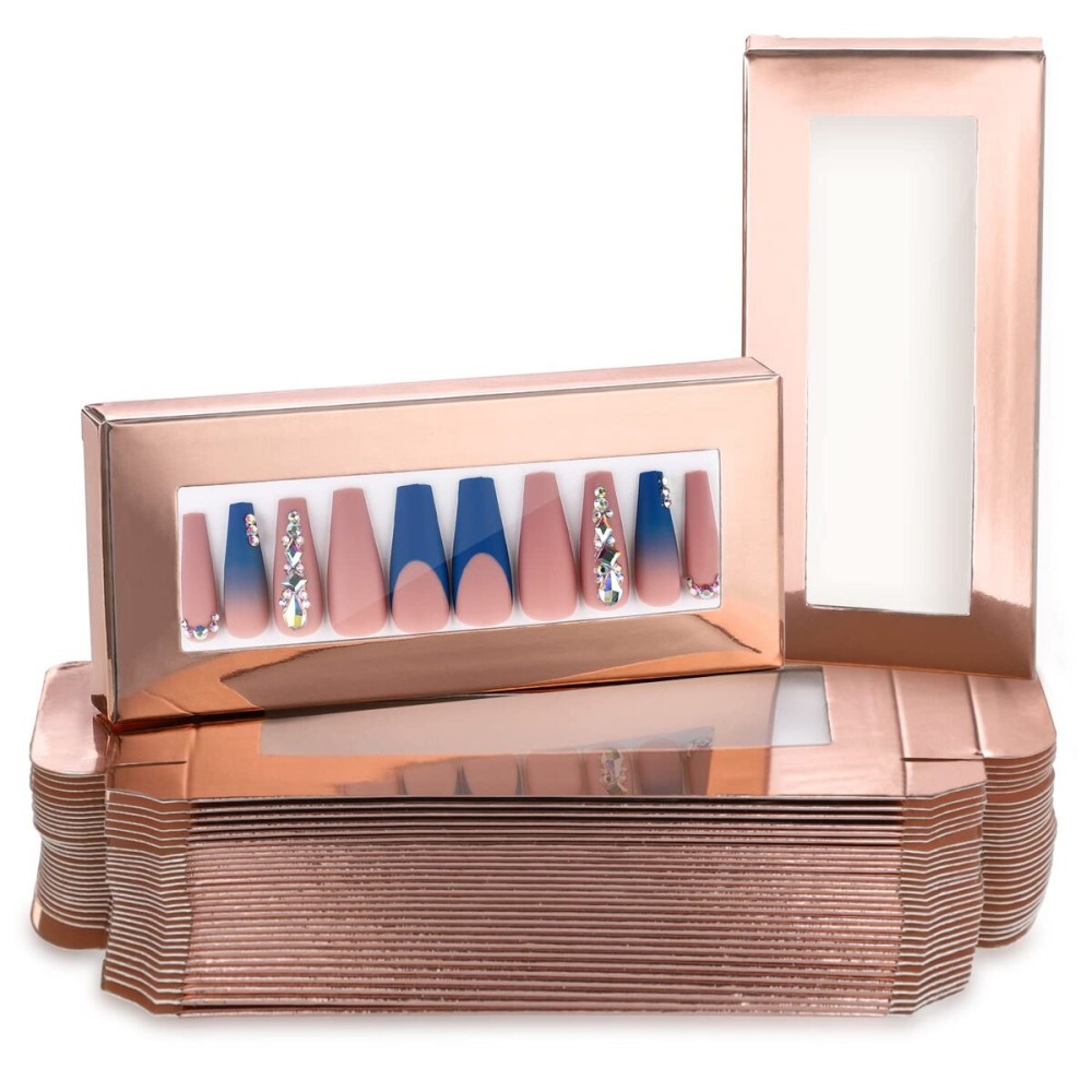 Noverlife 30PCS Empty Nail Package Boxes with 30 PCS White Background Paper, Pullable Display Packing Box Set for Press on Nails Business, Empty Nail Tip Box - Rose Gold
