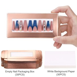 Noverlife 30PCS Empty Nail Package Boxes with 30 PCS White Background Paper, Pullable Display Packing Box Set for Press on Nails Business, Empty Nail Tip Box - Rose Gold