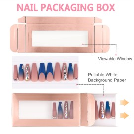 Noverlife 30PCS Empty Nail Package Boxes with 30 PCS White Background Paper, Pullable Display Packing Box Set for Press on Nails Business, Empty Nail Tip Box - Rose Gold