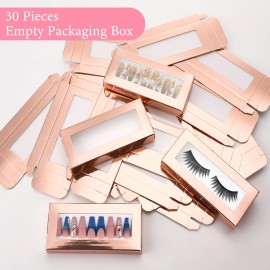 Noverlife 30PCS Empty Nail Package Boxes with 30 PCS White Background Paper, Pullable Display Packing Box Set for Press on Nails Business, Empty Nail Tip Box - Rose Gold