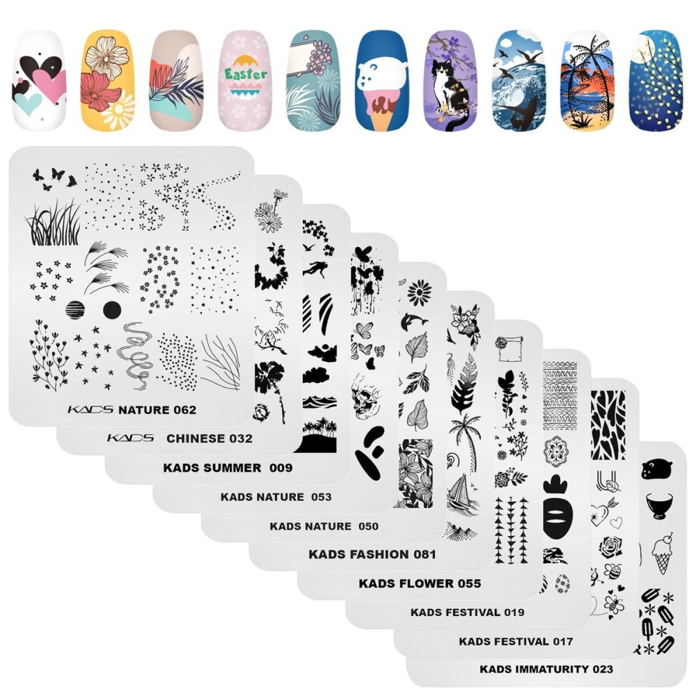 KADS 10 Pcs Nail Stamping Plates Nail Art Templates DIY Tool Heart Rabbit Flower Ice Cream Paraglider