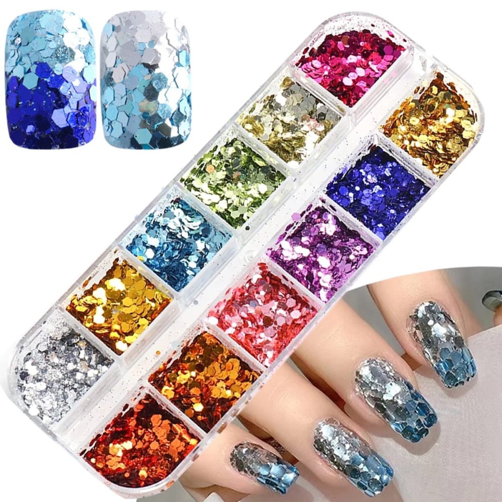 Mermaid Glitter Nail Art Sequins, 12 Colors Hexagon Shape Glitter Flakes Design, Holographic 3D Sparkly Acrylic Nails Supplies for Women Girls Manicure Shiny Decorations, DIY Resin Nail Art Tips