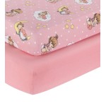 2 Pack Fitted Crib Sheets for Girls in 100% Jersey Knit Cotton - Pink and Yellow Precious Moments Design Plus Solid Pink Girls Crib Mattress Sheets by Everyday Kids