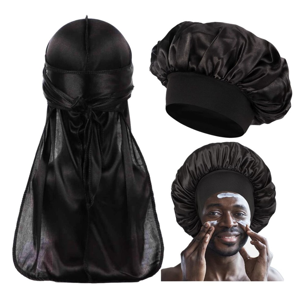 2 PCS Bonnet for Men,Silk Hair Bonnet for Sleeping Women,Matching Bonnets and Durag Set 2 PCS Bonnet for Men,Silk Hair Bonnet for Sleeping Women,Matching Bonnets and Durag Set